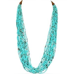 INDONESIAN Turquoise Bronze Seed Bead Boho Necklace Wood Beads w/Clasp